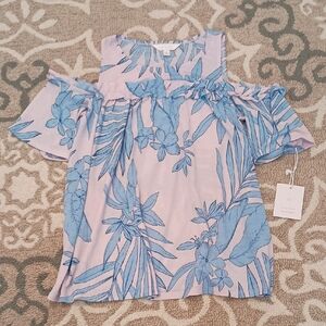 LC Lauren Conrad Blue Floral Off-Shoulder Top